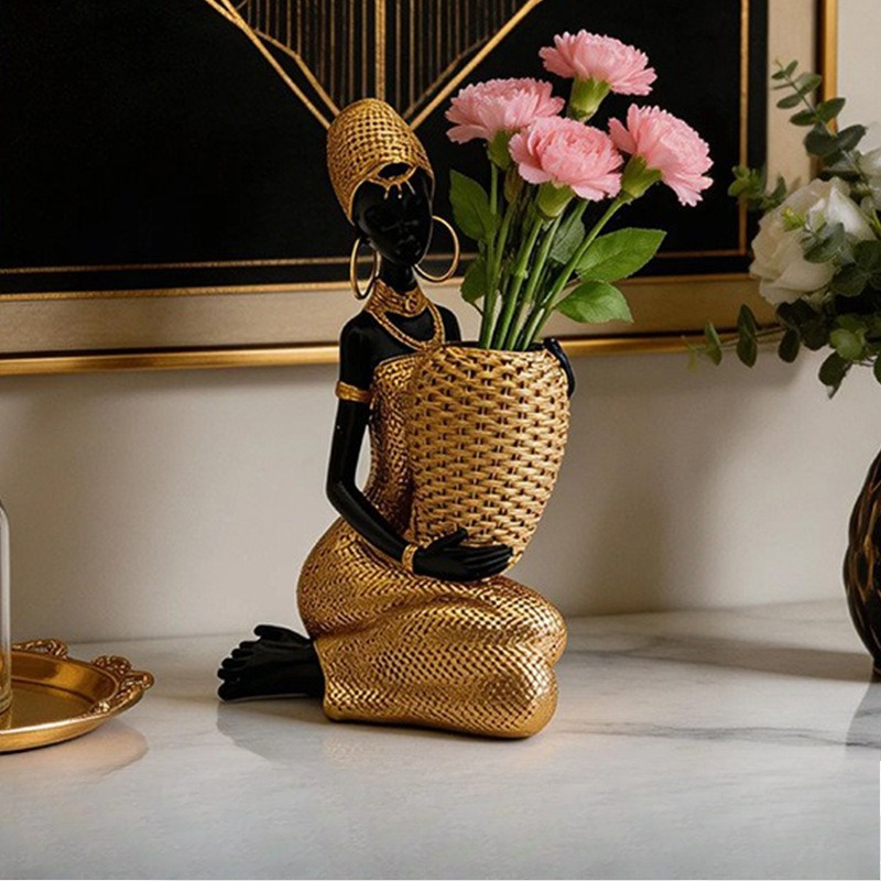 Resin Art Gift For Anniversary - Resin African Woman Holding Vase Statue